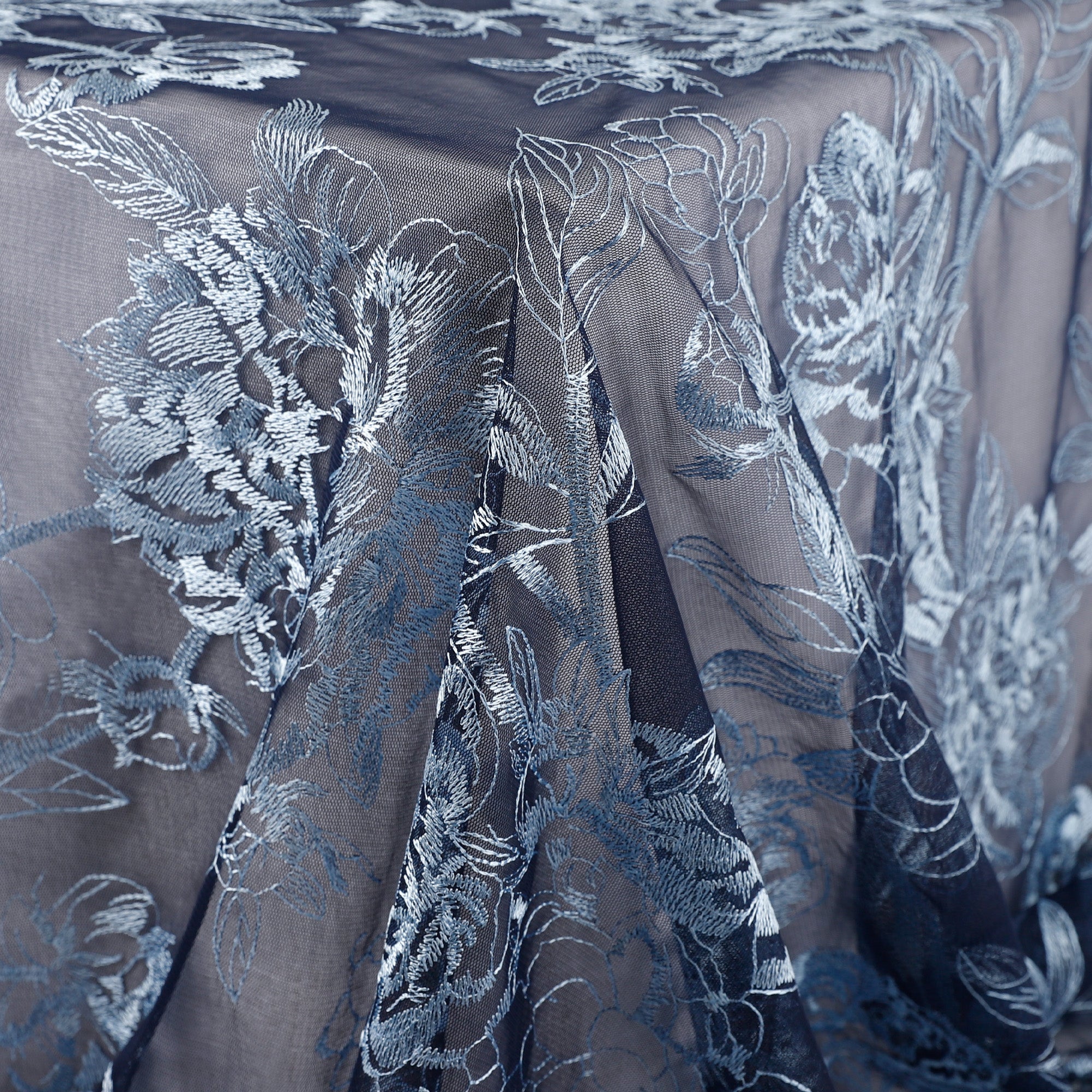 Peony Embroidered Tulle -  Navy / Powder