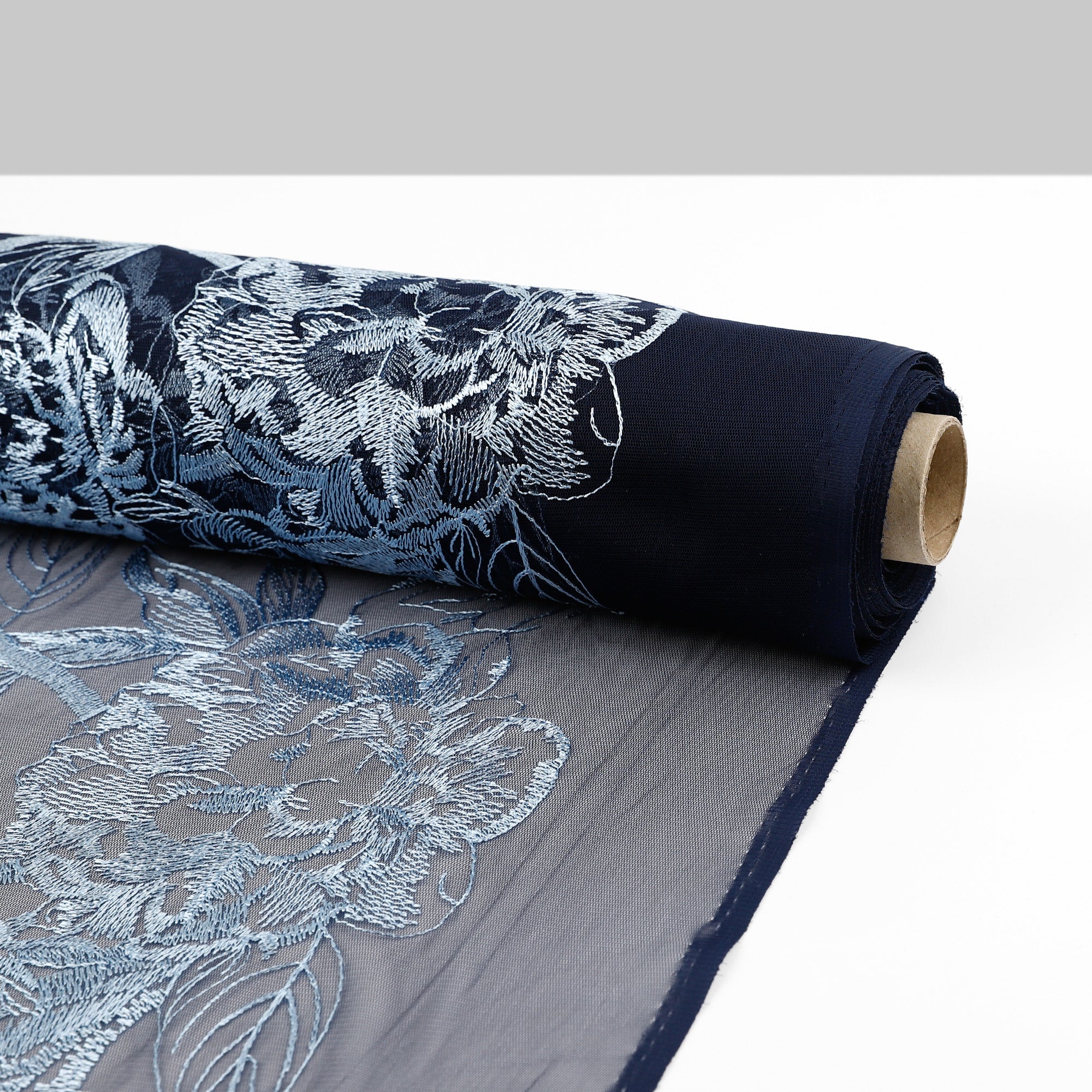 Peony Embroidered Tulle -  Navy / Powder