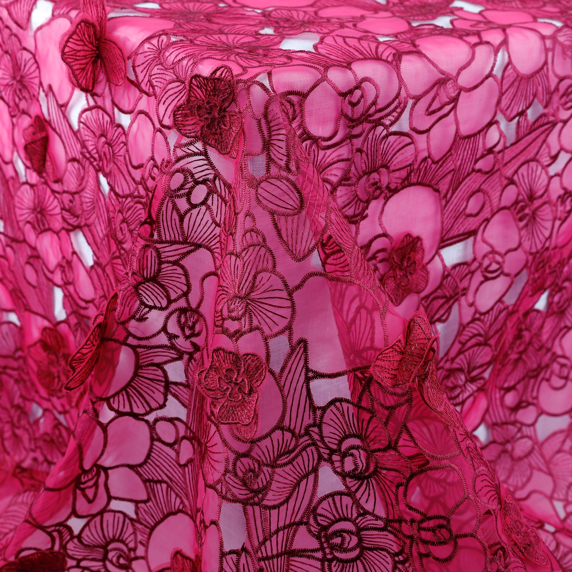 Orchid Cut-Out 3D Embroidered Organza - Jazzberry