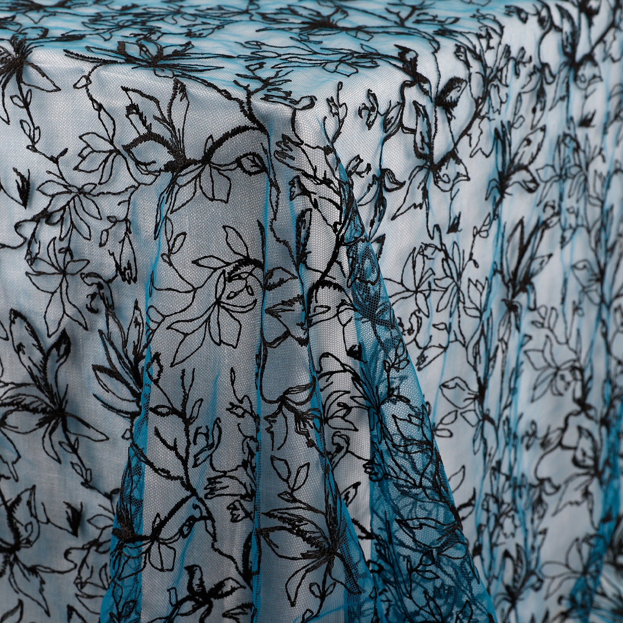 Honeysuckle Embroidered Tulle - Teal / Black