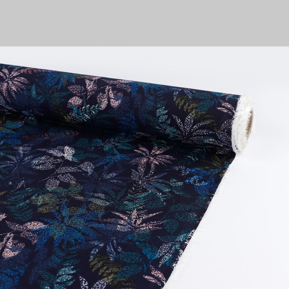 Layered Leaves Rayon Challis - Navy