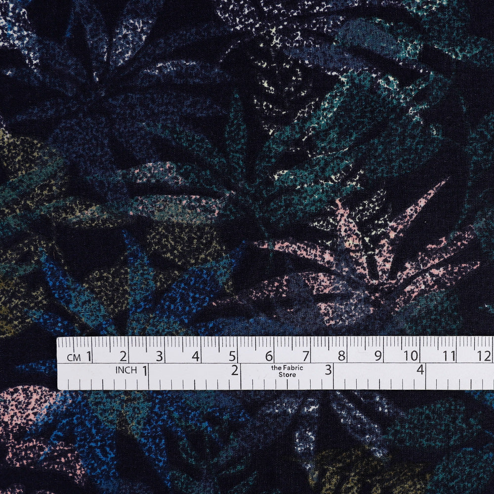 Layered Leaves Rayon Challis - Navy