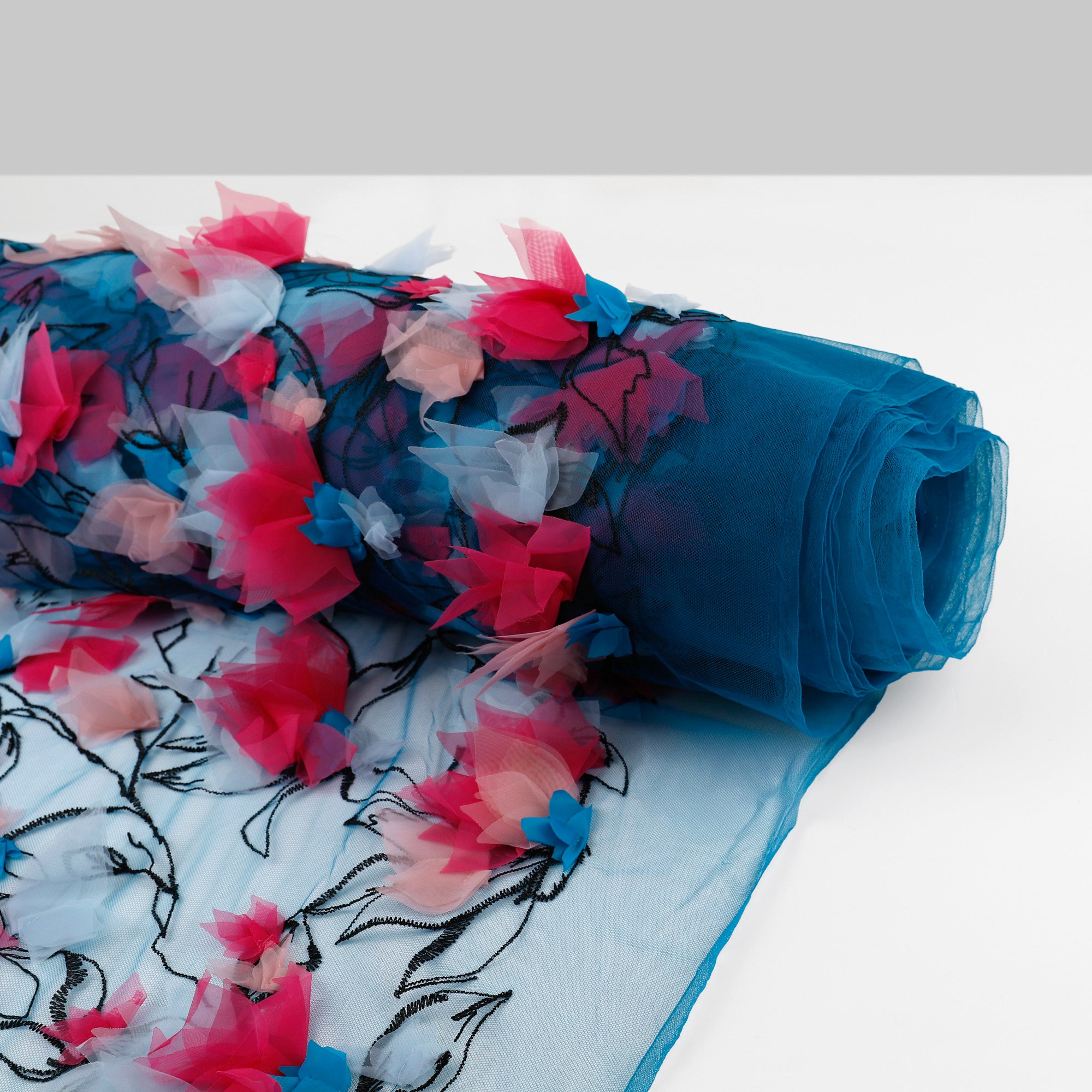 Big Honeysuckle 3D Embroidered Tulle - Teal