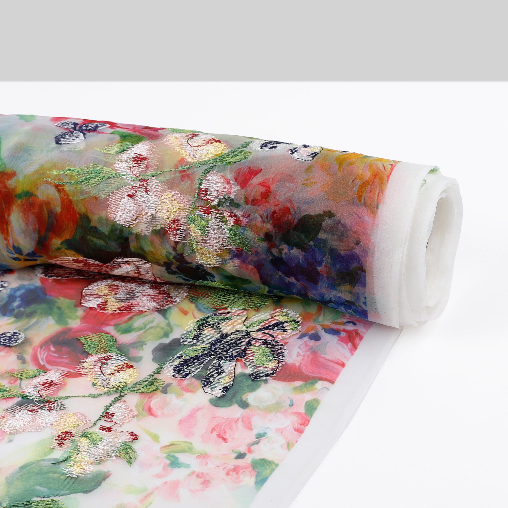 Painterly Rose Embroidered Organza - Multi