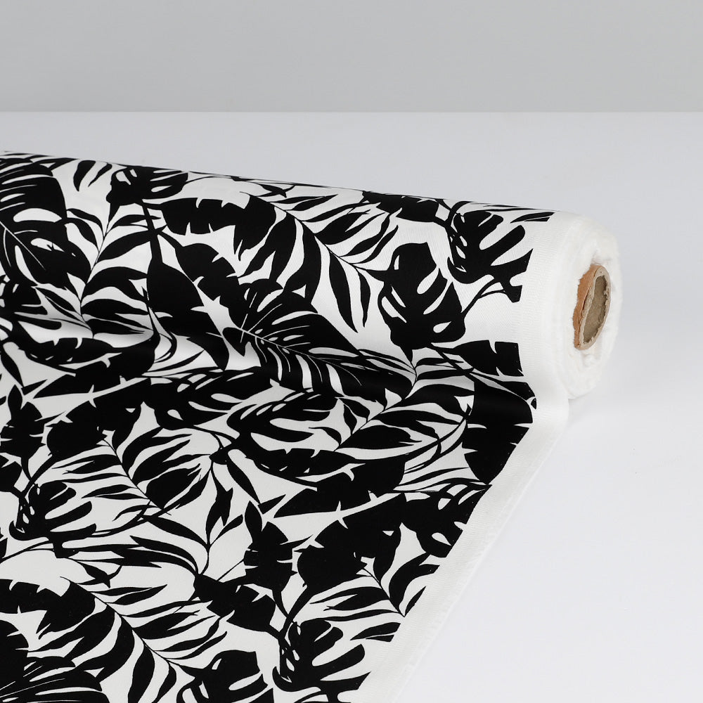 Palm Leaves Silhouette Stretch Cotton Twill  - Black